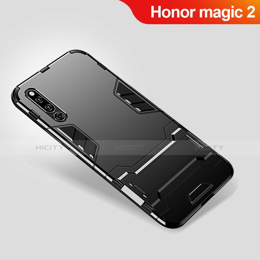 Silikon Hülle Handyhülle und Kunststoff Schutzhülle Tasche mit Ständer für Huawei Honor Magic 2 Schwarz Plus