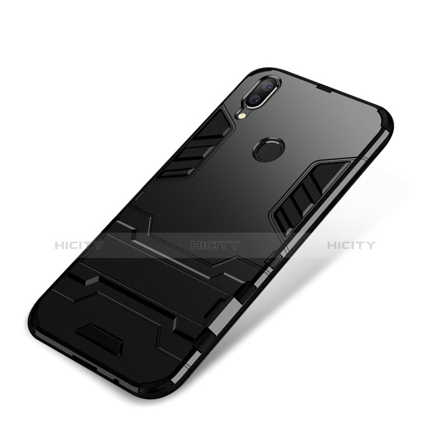 Silikon Hülle Handyhülle und Kunststoff Schutzhülle Tasche mit Ständer für Huawei P Smart+ Plus Schwarz