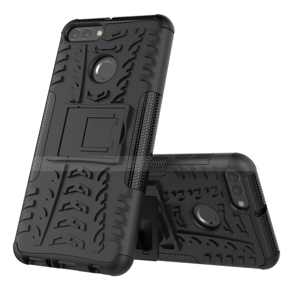 Silikon Hülle Handyhülle und Kunststoff Schutzhülle Tasche mit Ständer für Huawei Y9 (2018) Schwarz Plus