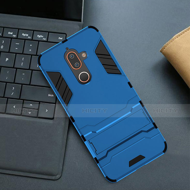 Silikon Hülle Handyhülle und Kunststoff Schutzhülle Tasche mit Ständer für Nokia 7 Plus Blau