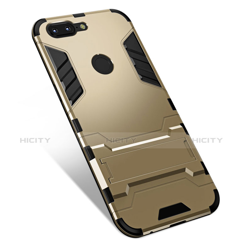Silikon Hülle Handyhülle und Kunststoff Schutzhülle Tasche mit Ständer für OnePlus 5T A5010 Gold