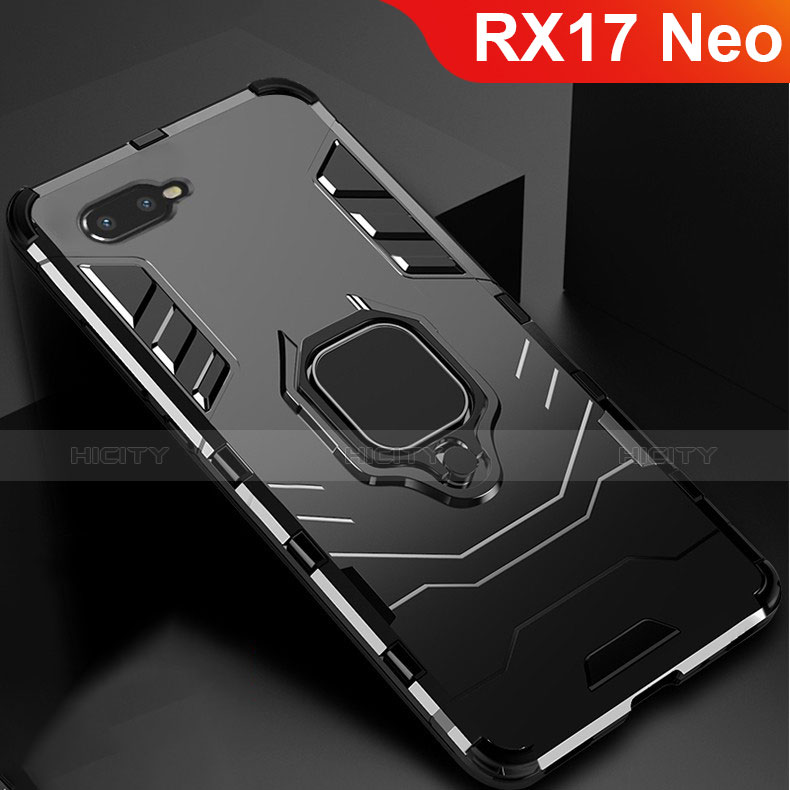 Silikon Hülle Handyhülle und Kunststoff Schutzhülle Tasche mit Ständer für Oppo RX17 Neo Schwarz Plus