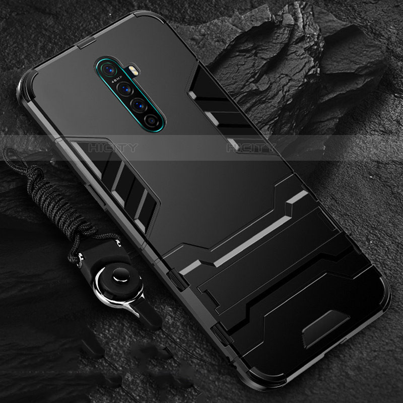 Silikon Hülle Handyhülle und Kunststoff Schutzhülle Tasche mit Ständer für Realme X2 Pro Schwarz Plus
