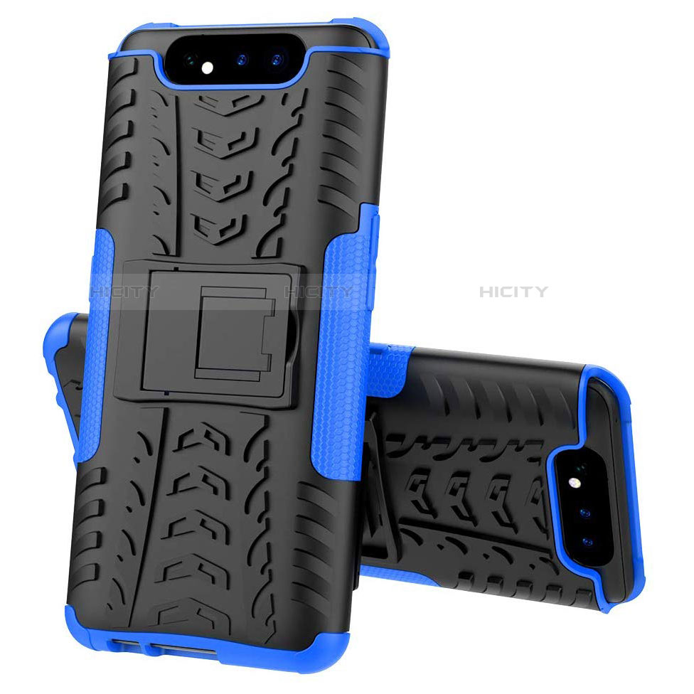 Silikon Hülle Handyhülle und Kunststoff Schutzhülle Tasche mit Ständer für Samsung Galaxy A80 Blau Plus