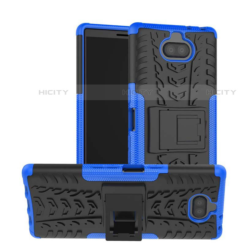 Silikon Hülle Handyhülle und Kunststoff Schutzhülle Tasche mit Ständer für Sony Xperia 10 Blau