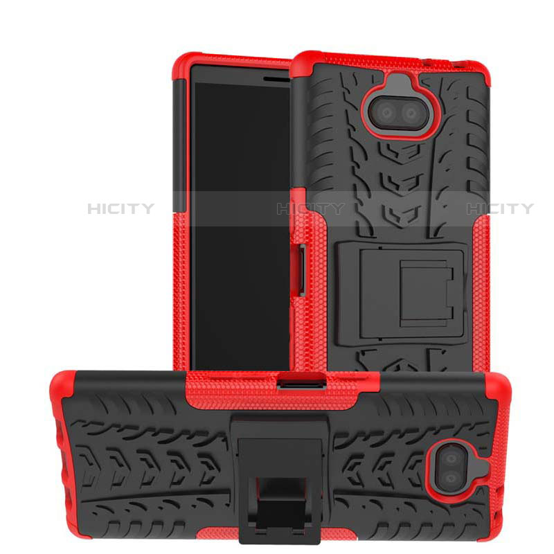 Silikon Hülle Handyhülle und Kunststoff Schutzhülle Tasche mit Ständer für Sony Xperia 10 Rot Plus