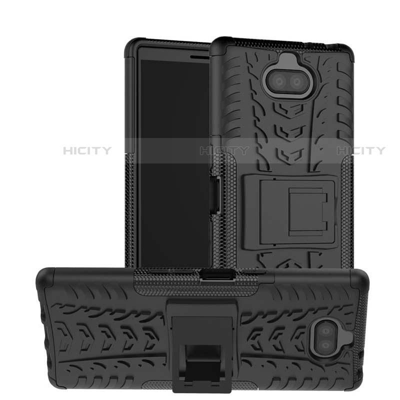 Silikon Hülle Handyhülle und Kunststoff Schutzhülle Tasche mit Ständer für Sony Xperia 10 Schwarz Plus