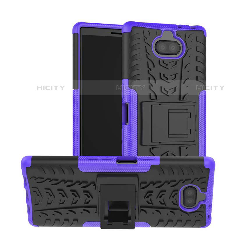 Silikon Hülle Handyhülle und Kunststoff Schutzhülle Tasche mit Ständer für Sony Xperia 10 Violett