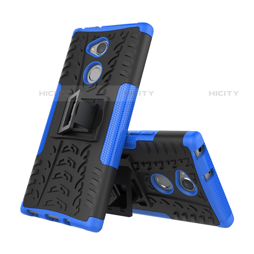 Silikon Hülle Handyhülle und Kunststoff Schutzhülle Tasche mit Ständer für Sony Xperia XA2 Blau