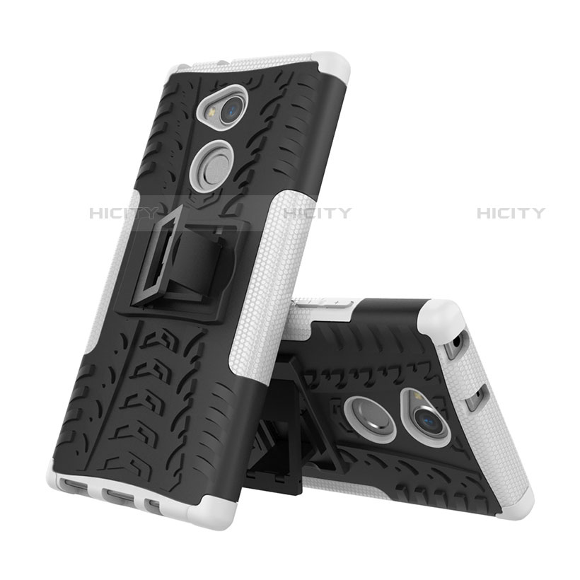Silikon Hülle Handyhülle und Kunststoff Schutzhülle Tasche mit Ständer für Sony Xperia XA2 Plus Weiß