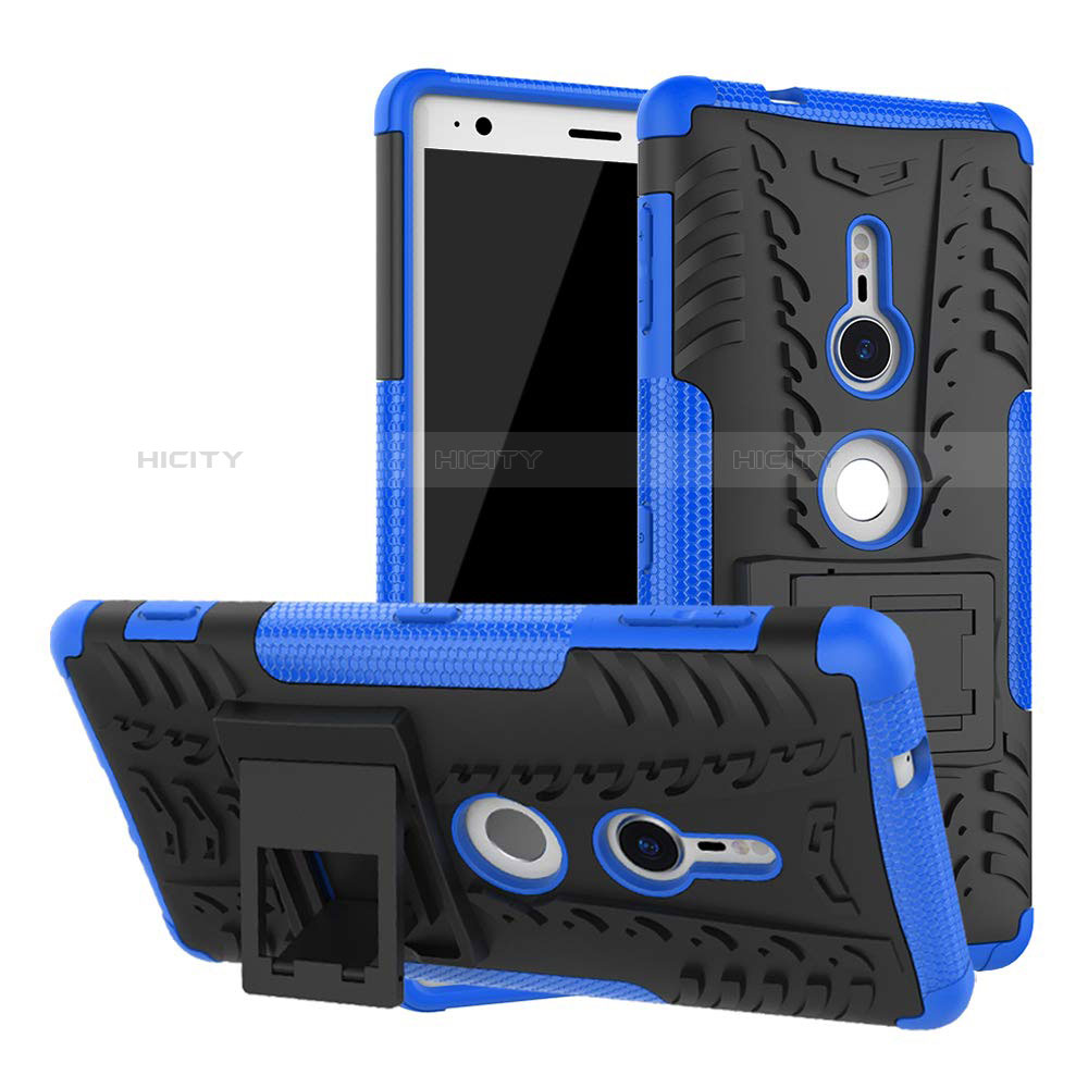Silikon Hülle Handyhülle und Kunststoff Schutzhülle Tasche mit Ständer für Sony Xperia XZ2 Blau