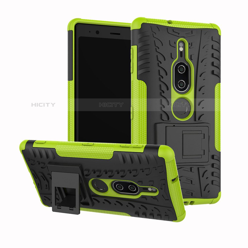 Silikon Hülle Handyhülle und Kunststoff Schutzhülle Tasche mit Ständer für Sony Xperia XZ2 Premium Grün