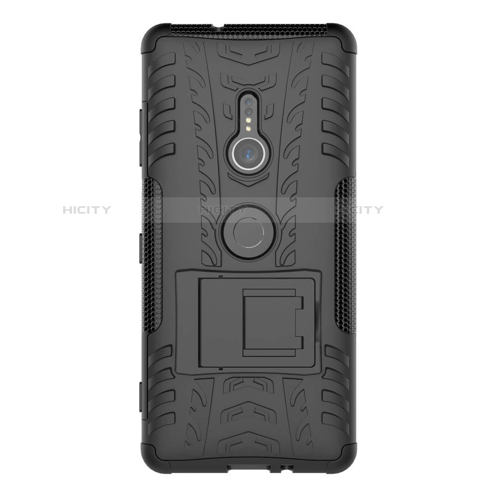 Silikon Hülle Handyhülle und Kunststoff Schutzhülle Tasche mit Ständer für Sony Xperia XZ3 Schwarz
