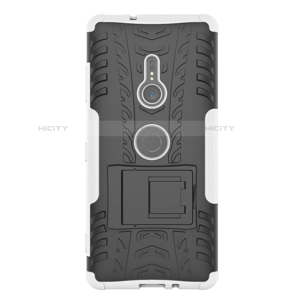 Silikon Hülle Handyhülle und Kunststoff Schutzhülle Tasche mit Ständer für Sony Xperia XZ3 Weiß