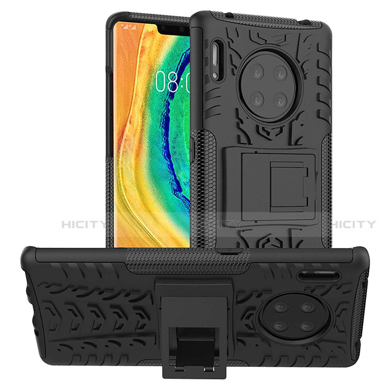 Silikon Hülle Handyhülle und Kunststoff Schutzhülle Tasche mit Ständer R01 für Huawei Mate 30 5G Schwarz