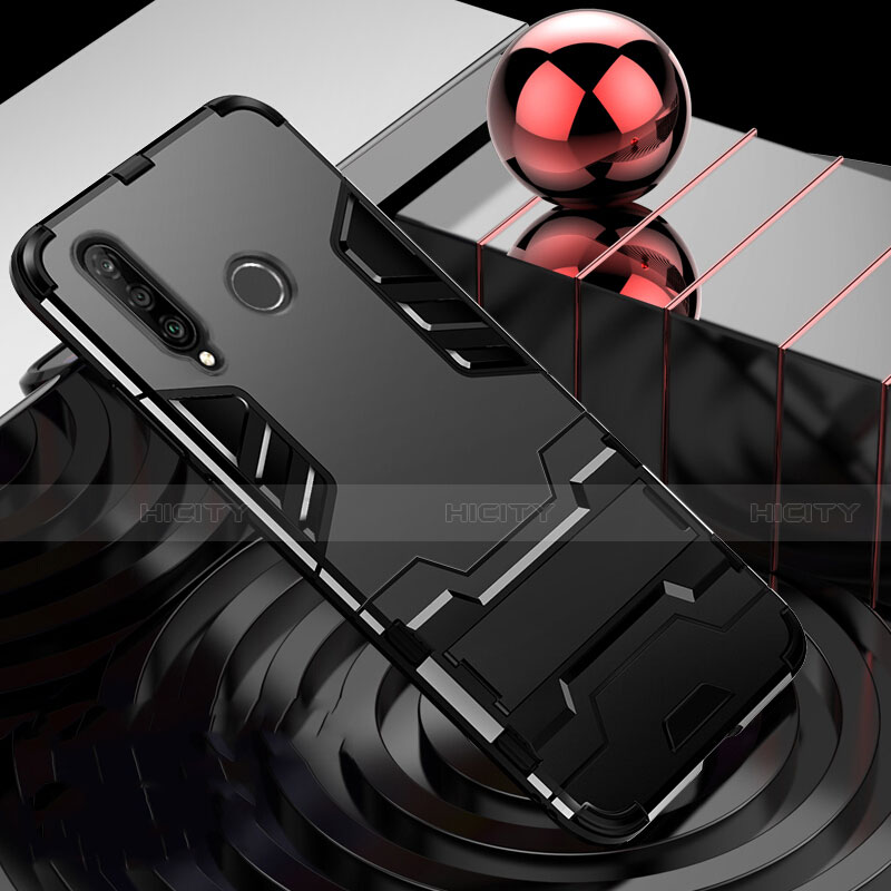 Silikon Hülle Handyhülle und Kunststoff Schutzhülle Tasche mit Ständer R01 für Huawei P30 Lite New Edition Schwarz