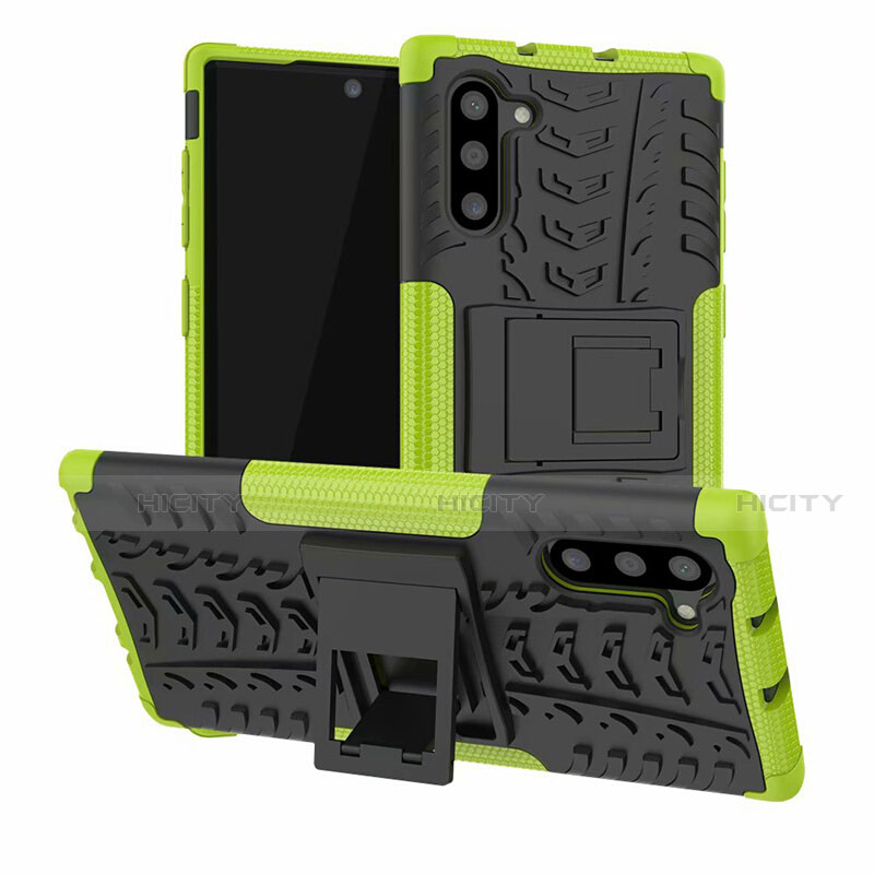 Silikon Hülle Handyhülle und Kunststoff Schutzhülle Tasche mit Ständer R01 für Samsung Galaxy Note 10 5G Grün