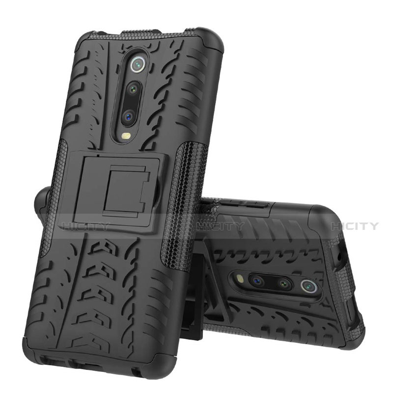 Silikon Hülle Handyhülle und Kunststoff Schutzhülle Tasche mit Ständer R01 für Xiaomi Redmi K20 Schwarz