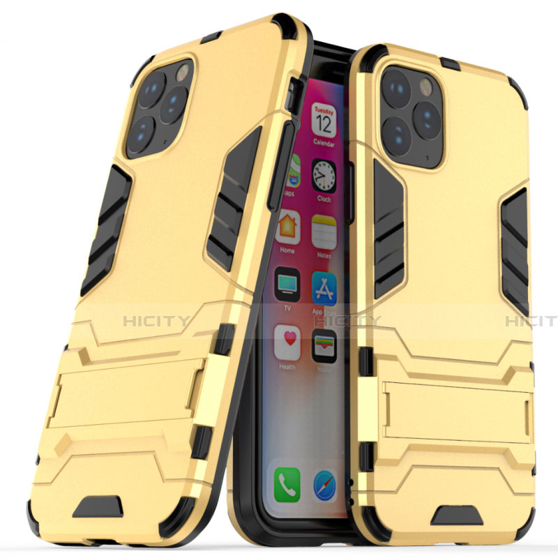 Silikon Hülle Handyhülle und Kunststoff Schutzhülle Tasche mit Ständer R03 für Apple iPhone 11 Pro Gold