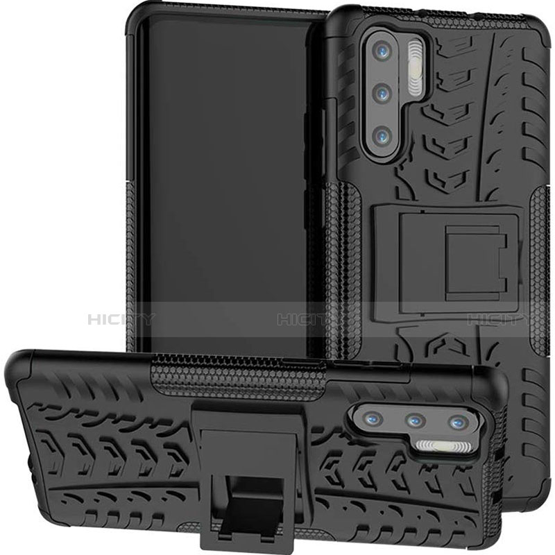 Silikon Hülle Handyhülle und Kunststoff Schutzhülle Tasche mit Ständer R03 für Huawei P30 Pro Schwarz