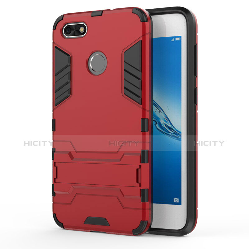 Silikon Hülle und Kunststoff Schutzhülle mit Ständer für Huawei Y6 Pro (2017) Rot Plus