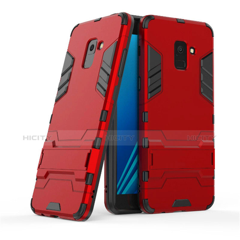 Silikon Hülle und Kunststoff Schutzhülle mit Ständer für Samsung Galaxy A8+ A8 Plus (2018) Duos A730F Rot