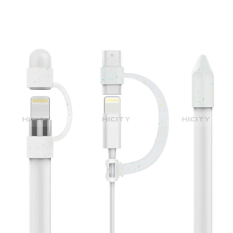 Silikon Kappenhalter Bleistift Nib Hülle Kabeladapter Tether-Kits Anti-Verloren P01 für Apple Pencil Weiß Plus