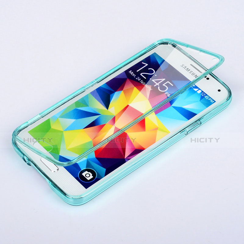 Silikon Schutzhülle Flip Tasche Durchsichtig Transparent für Samsung Galaxy S5 G900F G903F Hellblau Plus