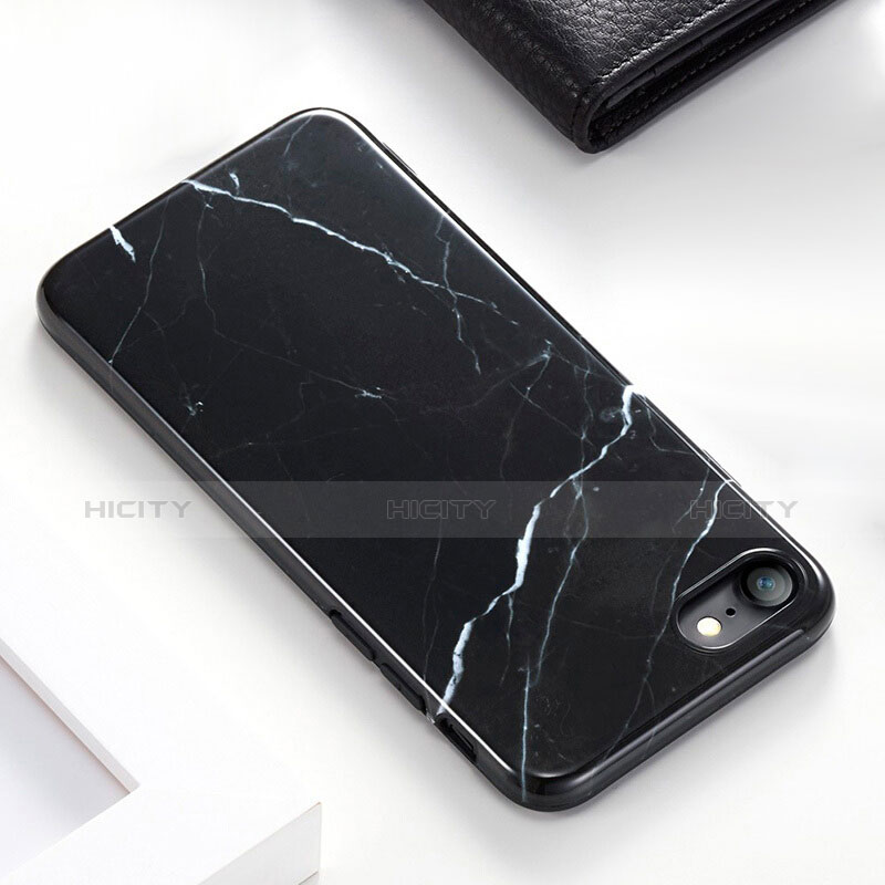 Silikon Schutzhülle Gummi Tasche Marmor Muster für Apple iPhone 8 Schwarz groß