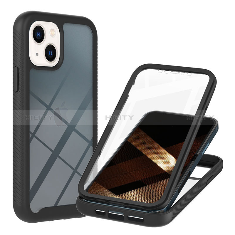 Silikon Schutzhülle Rahmen Tasche Hülle Durchsichtig Transparent 360 Grad Ganzkörper YB1 für Apple iPhone 14 Schwarz Plus