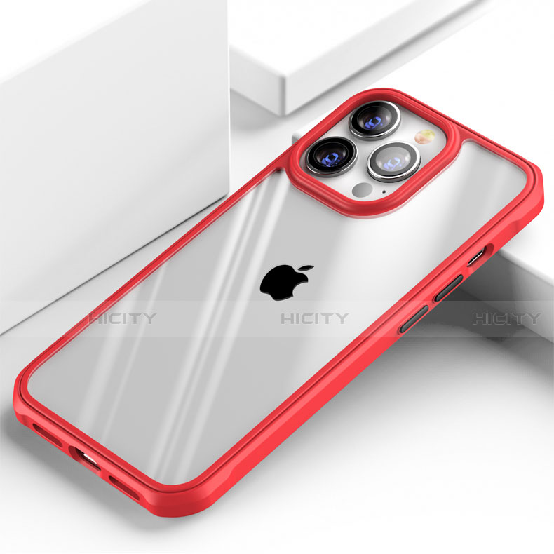 Silikon Schutzhülle Rahmen Tasche Hülle Durchsichtig Transparent Spiegel M03 für Apple iPhone 15 Pro Rot Plus