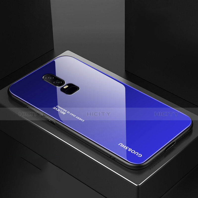 Silikon Schutzhülle Rahmen Tasche Hülle Spiegel Farbverlauf Regenbogen für OnePlus 6 Blau Plus