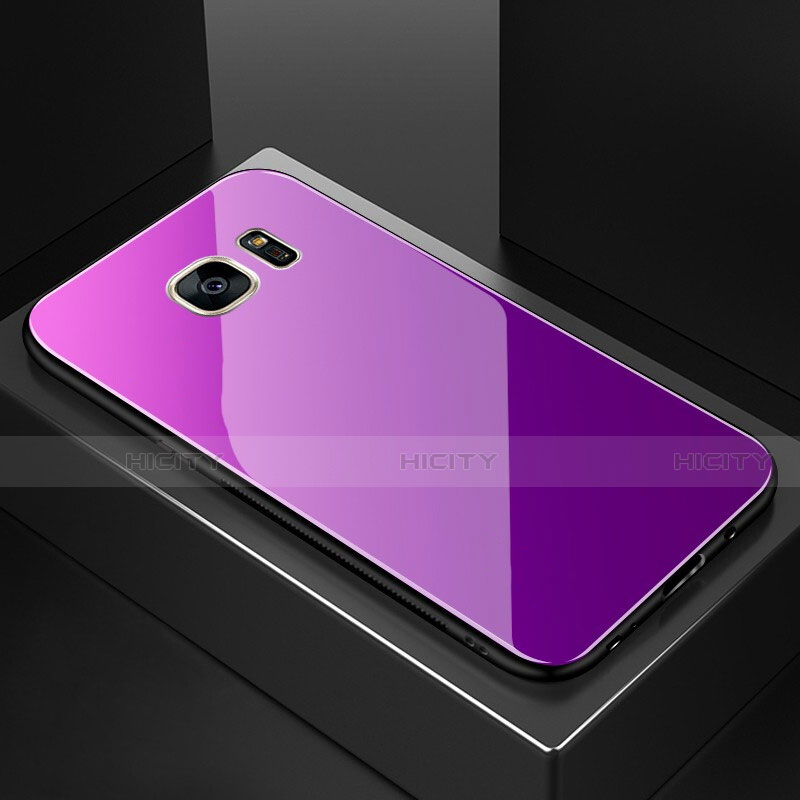 Silikon Schutzhülle Rahmen Tasche Hülle Spiegel Farbverlauf Regenbogen für Samsung Galaxy S7 Edge G935F Violett Plus