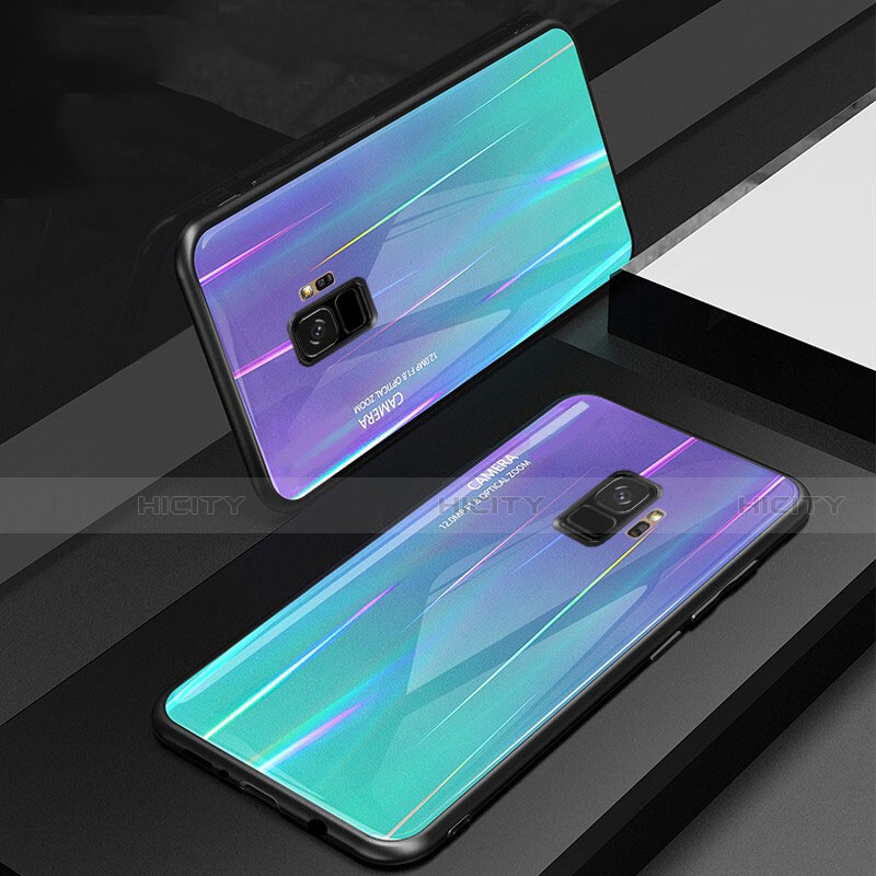 Silikon Schutzhülle Rahmen Tasche Hülle Spiegel Farbverlauf Regenbogen für Samsung Galaxy S9 Cyan Plus