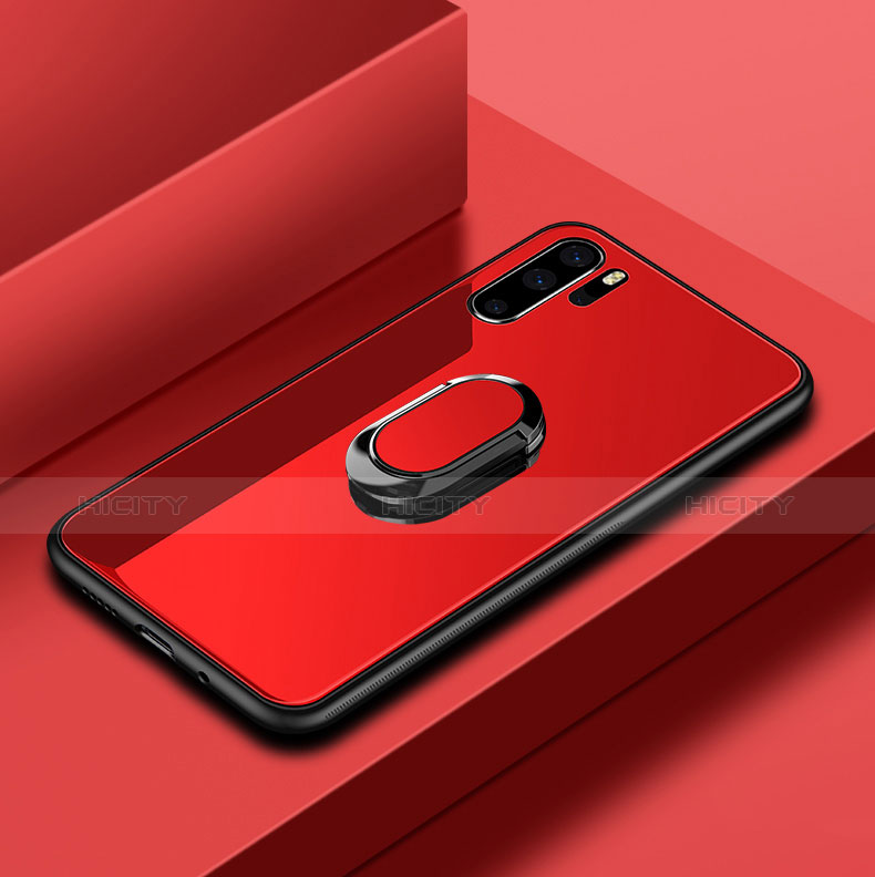 Silikon Schutzhülle Rahmen Tasche Hülle Spiegel mit Fingerring Ständer für Huawei P30 Pro Rot