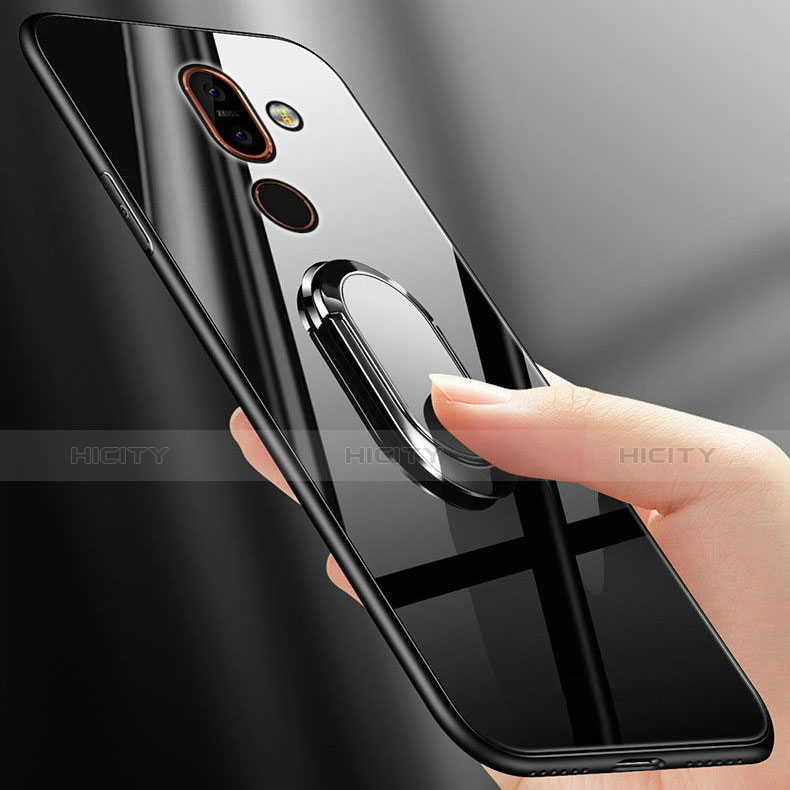 Silikon Schutzhülle Rahmen Tasche Hülle Spiegel mit Fingerring Ständer für Nokia 7 Plus