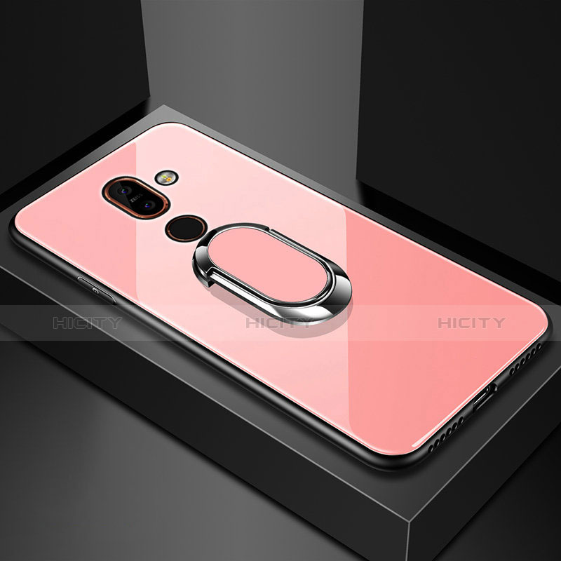 Silikon Schutzhülle Rahmen Tasche Hülle Spiegel mit Fingerring Ständer für Nokia 7 Plus Rosegold