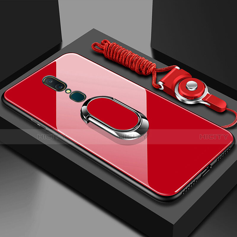 Silikon Schutzhülle Rahmen Tasche Hülle Spiegel mit Fingerring Ständer für Oppo A9 Rot Plus
