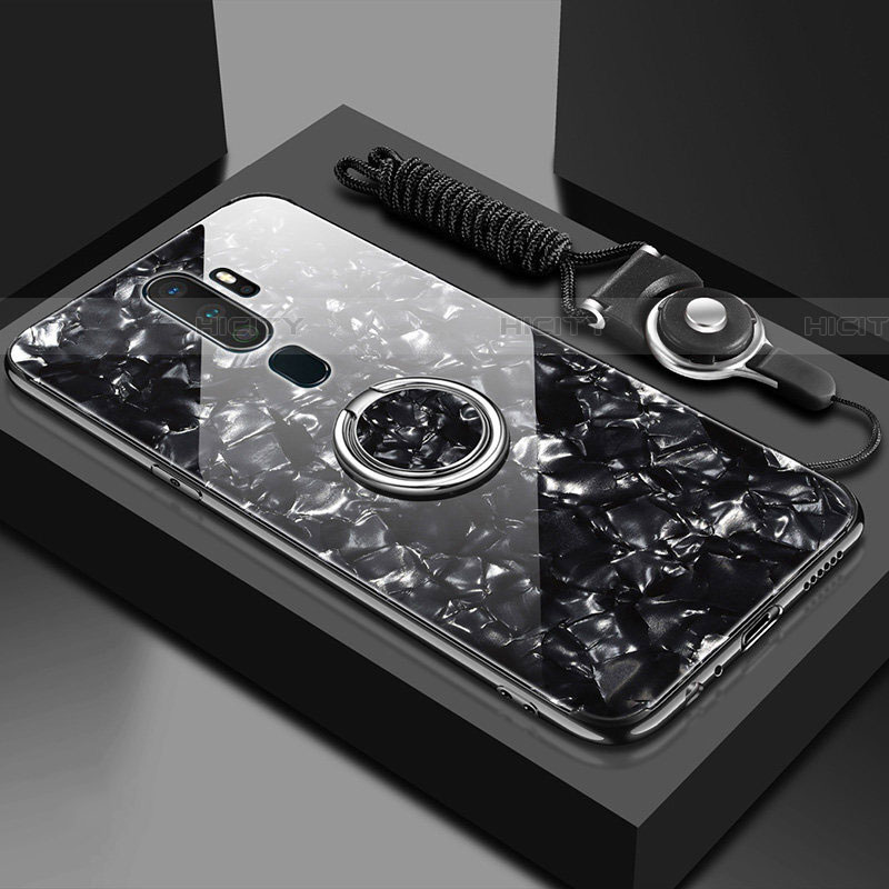 Silikon Schutzhülle Rahmen Tasche Hülle Spiegel mit Magnetisch Fingerring Ständer A01 für Oppo A5 (2020) Schwarz Plus
