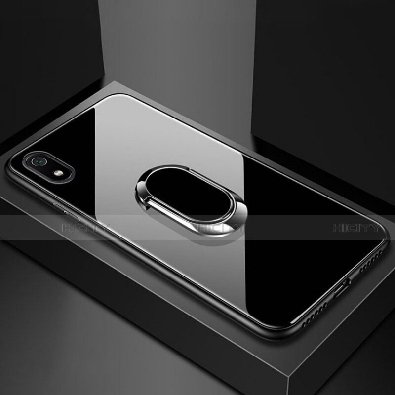 Silikon Schutzhülle Rahmen Tasche Hülle Spiegel mit Magnetisch Fingerring Ständer A01 für Xiaomi Redmi 7A Schwarz Plus