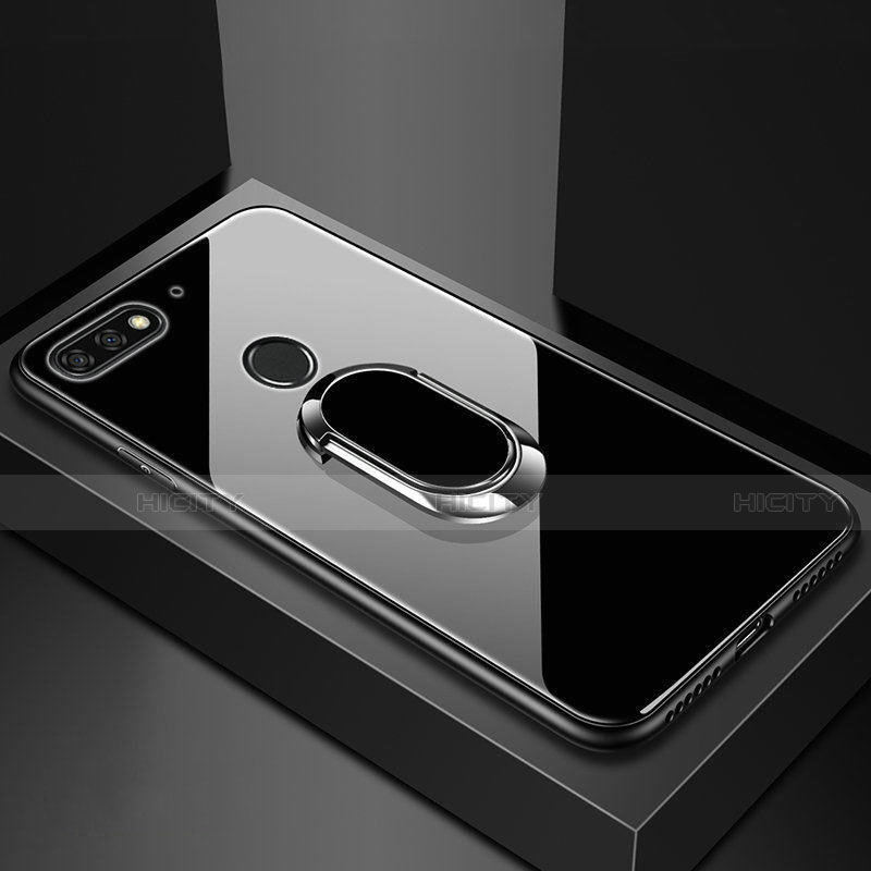 Silikon Schutzhülle Rahmen Tasche Hülle Spiegel mit Magnetisch Fingerring Ständer für Huawei Y6 Prime (2018) groß