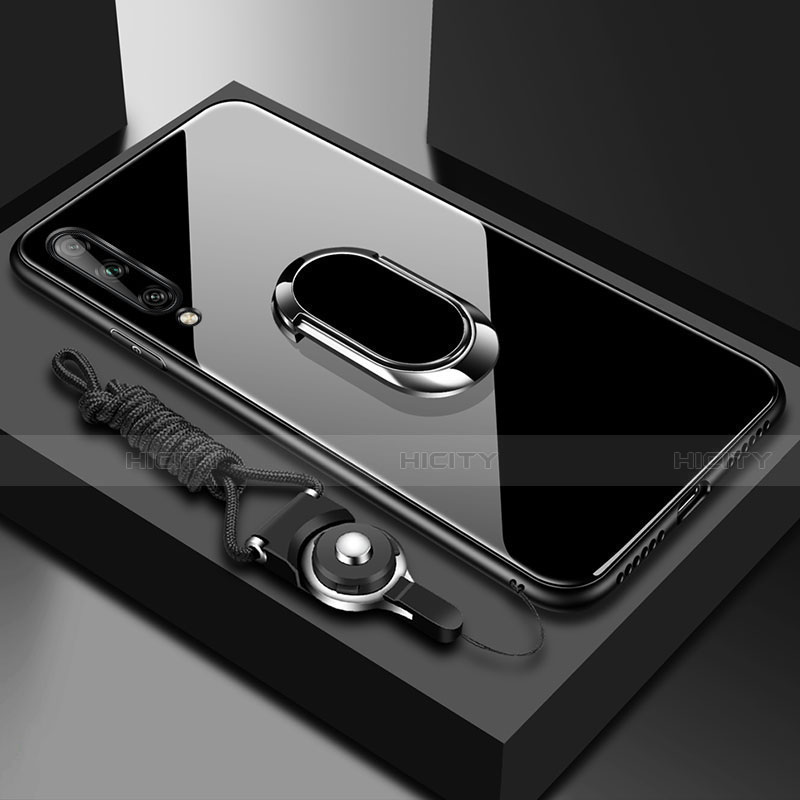 Silikon Schutzhülle Rahmen Tasche Hülle Spiegel mit Magnetisch Fingerring Ständer für Huawei Y8p Schwarz