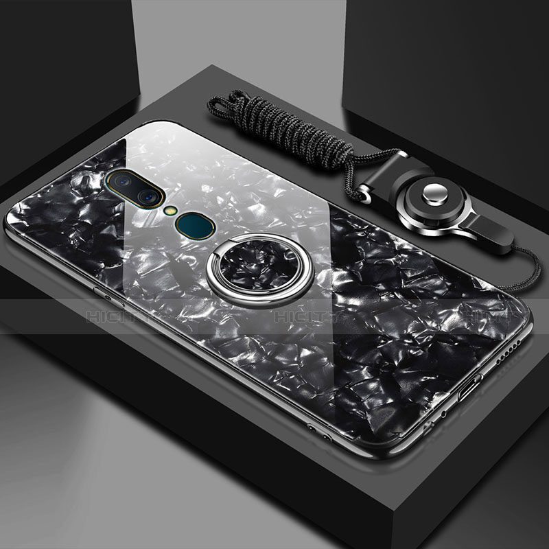 Silikon Schutzhülle Rahmen Tasche Hülle Spiegel mit Magnetisch Fingerring Ständer für Oppo A9 Schwarz Plus