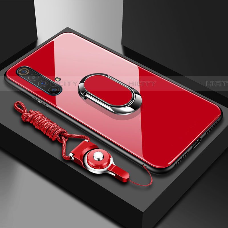 Silikon Schutzhülle Rahmen Tasche Hülle Spiegel mit Magnetisch Fingerring Ständer für Realme X3 SuperZoom Rot