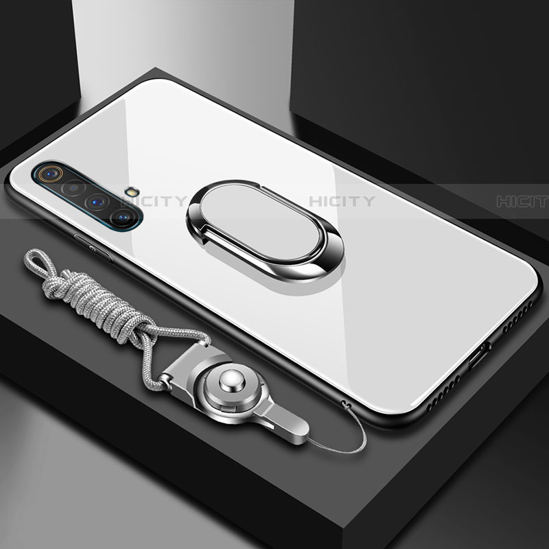 Silikon Schutzhülle Rahmen Tasche Hülle Spiegel mit Magnetisch Fingerring Ständer für Realme X3 SuperZoom Weiß