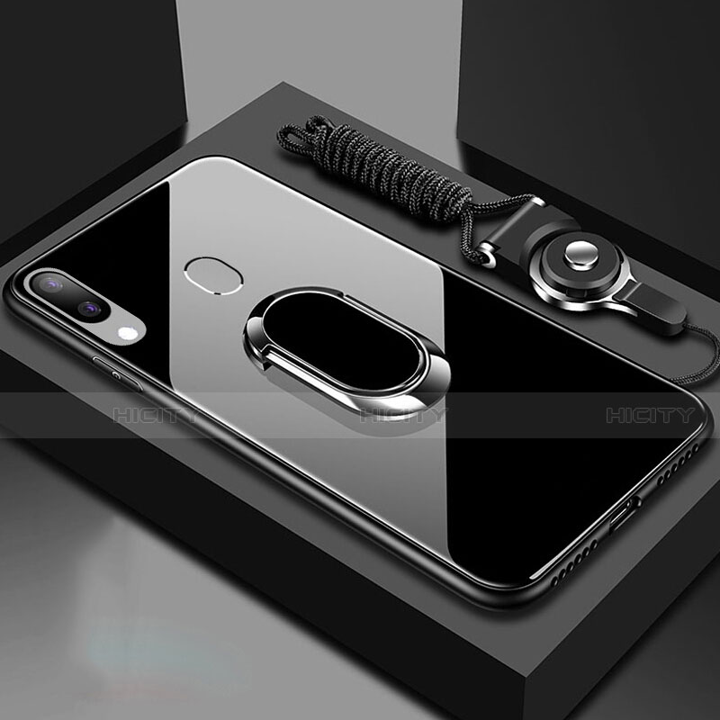 Silikon Schutzhülle Rahmen Tasche Hülle Spiegel mit Magnetisch Fingerring Ständer für Samsung Galaxy A30 Schwarz Plus