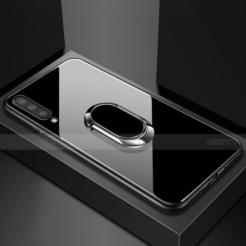 Silikon Schutzhülle Rahmen Tasche Hülle Spiegel mit Magnetisch Fingerring Ständer für Samsung Galaxy A70 Schwarz Plus