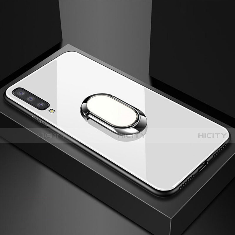 Silikon Schutzhülle Rahmen Tasche Hülle Spiegel mit Magnetisch Fingerring Ständer für Samsung Galaxy A70 Weiß Plus