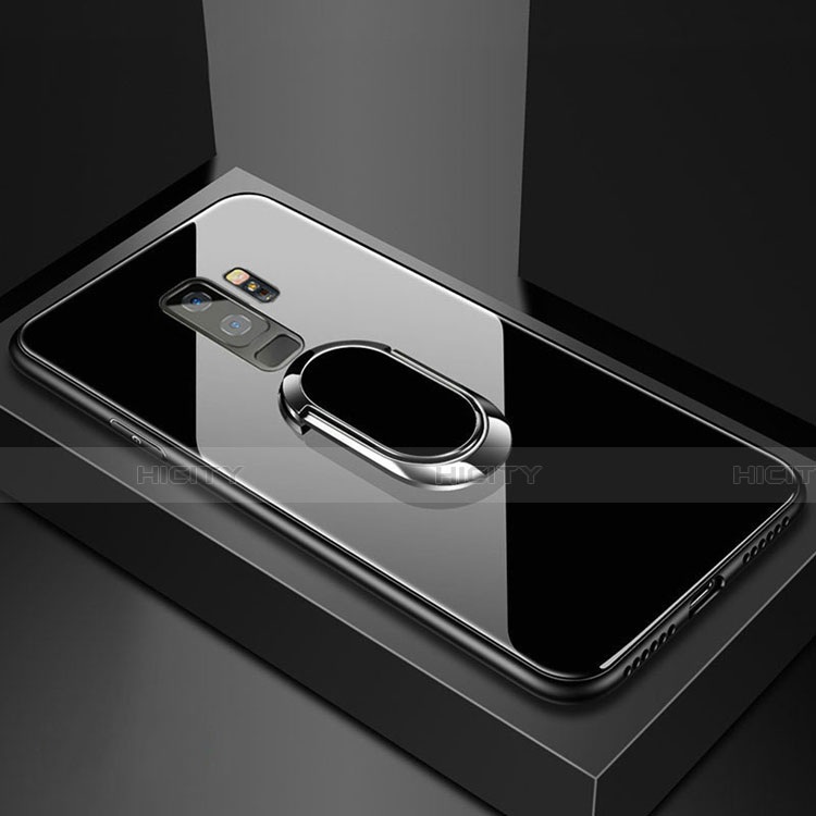 Silikon Schutzhülle Rahmen Tasche Hülle Spiegel mit Magnetisch Fingerring Ständer für Samsung Galaxy S9 Plus Schwarz