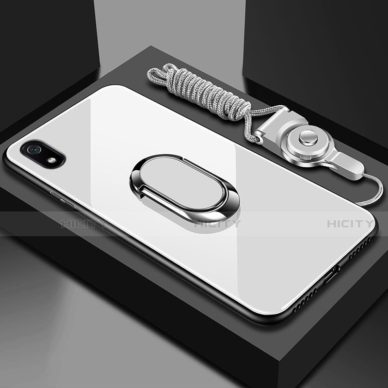 Silikon Schutzhülle Rahmen Tasche Hülle Spiegel mit Magnetisch Fingerring Ständer für Xiaomi Redmi 7A Weiß